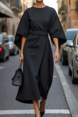 Dove Elegant Dress with Lantern Sleeves and Belt