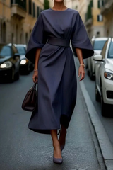 Dove Elegant Dress with Lantern Sleeves and Belt