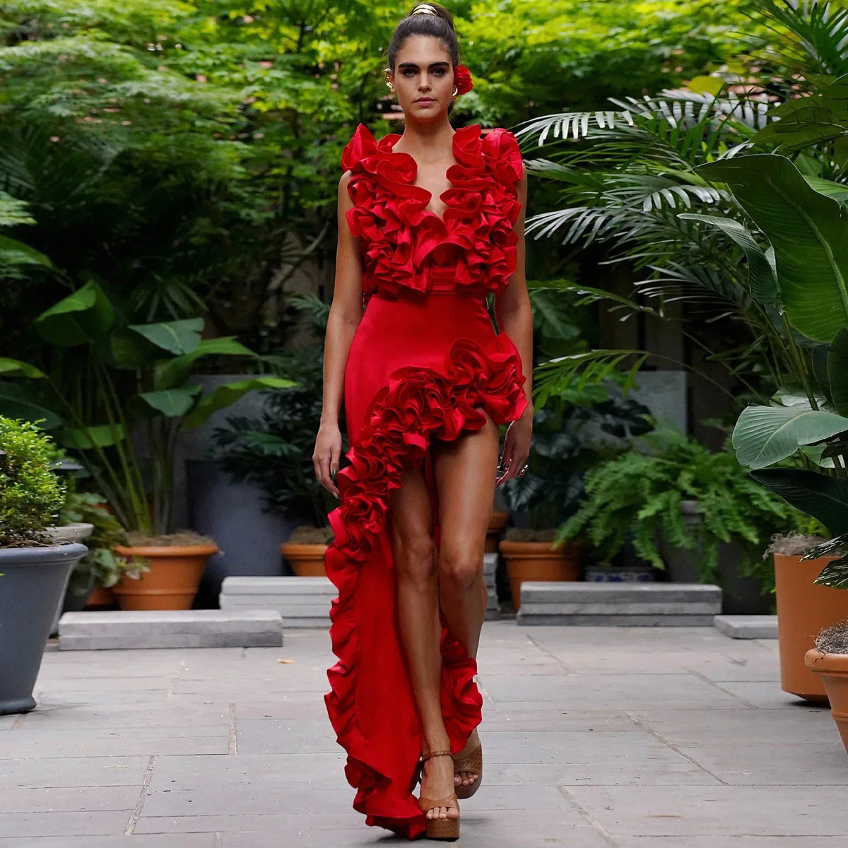 Red Flower Bodysuit and side slit maxi skirt