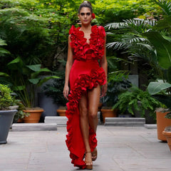 Red Flower Bodysuit and side slit maxi skirt