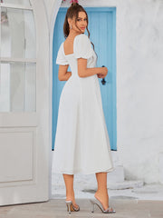Square Neck Puff Sleeve Ruched Bust Midi Dress
