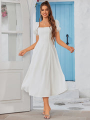 Square Neck Puff Sleeve Ruched Bust Midi Dress