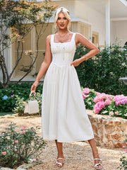 Tie Front Square Neck Shirred Ruched Sundress