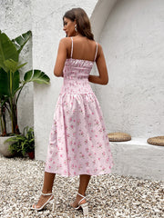 Tie Front Waist Ruched Floral Print Cami Dress