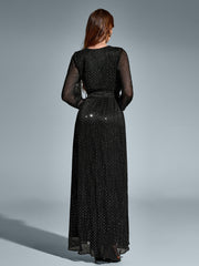 V-Neck Side Split Tie Round Dot Ruched Maxi Dress