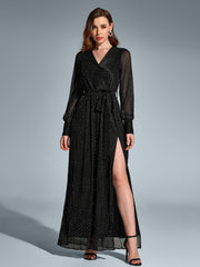 V-Neck Side Split Tie Round Dot Ruched Maxi Dress