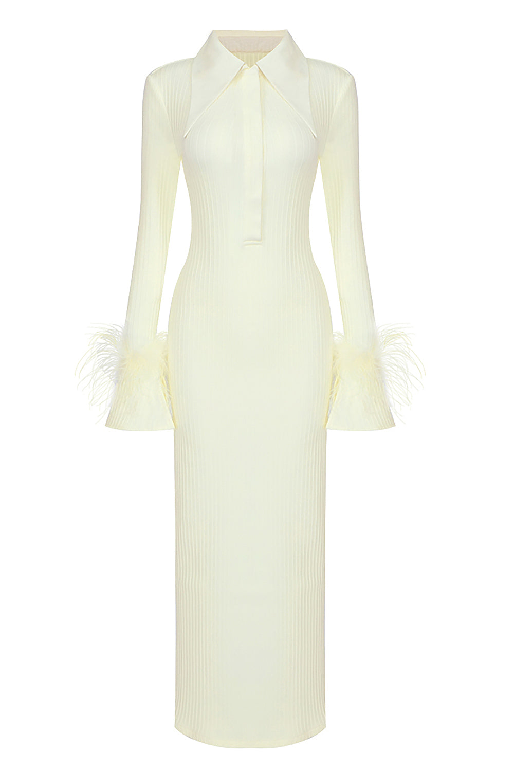 Yellow Long Sleeve Feather Maxi Dress