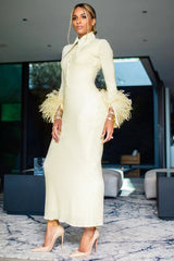 Yellow Long Sleeve Feather Maxi Dress