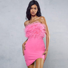 Curved Hem Feather Mini Dress