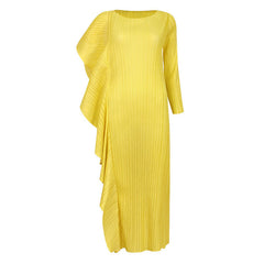 Asymmetrical Ruffled Side Round Neck 3/4 Sleeve Bodycon Pleated Midi Dress