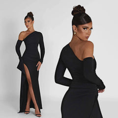 FUSAE ONE SHOULDER HIGHT SIDE SLIT Black MAXI Dress