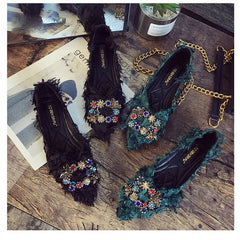 Casual Bow Rhinestone Pointed Toe Slip On Women Flat