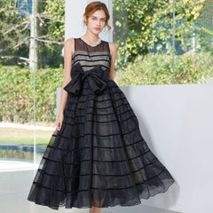 Striped Tulle Bow Dress - Black