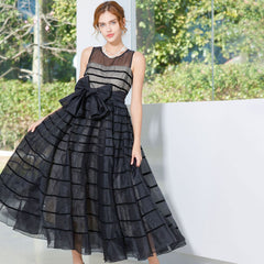 Striped Tulle Bow Dress - Black