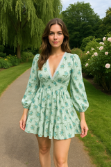 Stylish Pink V Neck Print Lace Cotton Mid Dress Spring