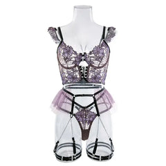 Embroidered Mesh Bustier Set with Metal Chain Shoulder Strap