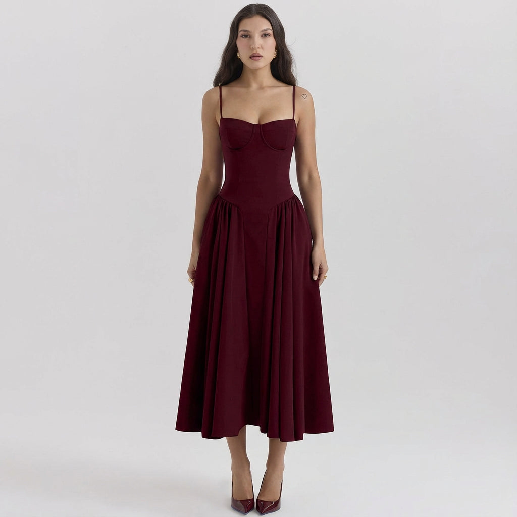 Beau Burgundy Pleated Midi Dress