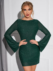 Tie Backless Draped Detail Flounce Sleeve Glitter Mesh Dress