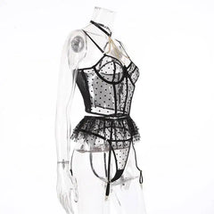Mesh Polka Dot Ruffle Bustier Bra Set