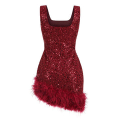Opulent Feather Trim Faux Pearl Beaded Sequin Square Neck Mini Tank Party Dress