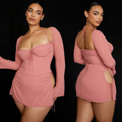 ETSUKO Long Sleeve Lace UP Mini Dress
