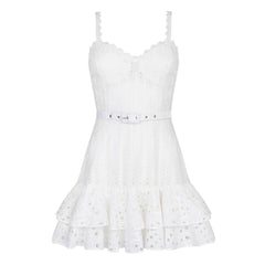 Pretty Scalloped Sweetheart Cami Smocked Belted Tiered Broderie Anglaise Mini SunDress