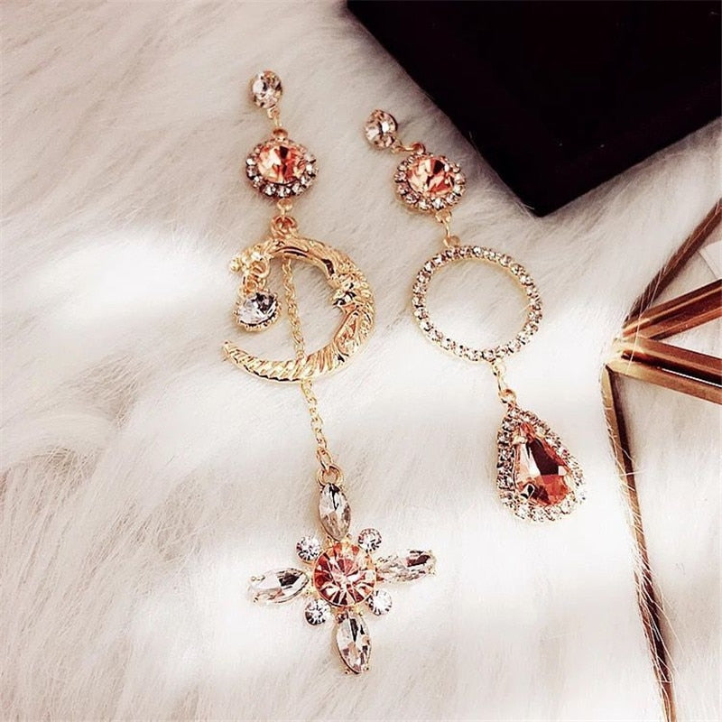 Korean Baroque Water Drop and Moon Circular Crystal Dangle Earrings