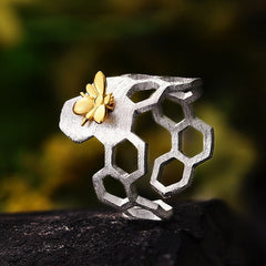 Small Bee 18k Gold Plated Honeycomb Open Rings
