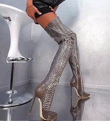 Python Snakeskin Pattern Pointed Toe Over The Knee Boots
