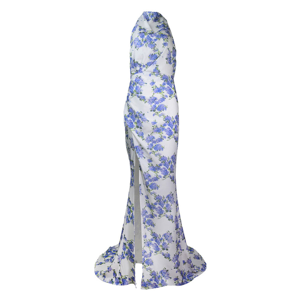 Refine Halter Ruched Flora Backless Maxi Dress