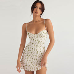 Refreshing Floral Printed Summer Mini Dress - White