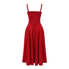 Romantic Tie Front Lace Up Suspender Strap Ruched Bustier Midi SunDress