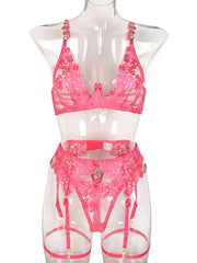 Roses Are Red - Embroidered 3-Pieces Garter Lingerie Set