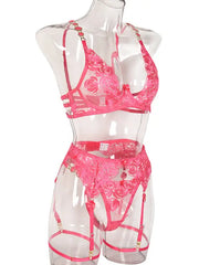 Roses Are Red - Embroidered 3-Pieces Garter Lingerie Set