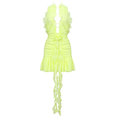 Sexy Ruffle Plunge Halter Neck Draped Rosette Applique Ruched Backless Mini Party Dress