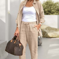 Sophiaâ„?Elegant Cotton Linen Long-Sleeve Blouse and Pants Set
