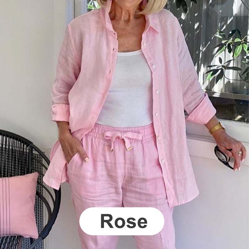 Sophiaâ„?Elegant Cotton Linen Long-Sleeve Blouse and Pants Set