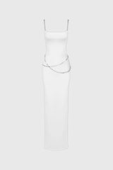 Fitted Midi Dress with Waist Chains - White