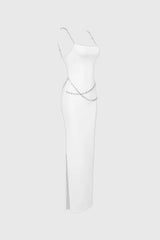 Fitted Midi Dress with Waist Chains - White