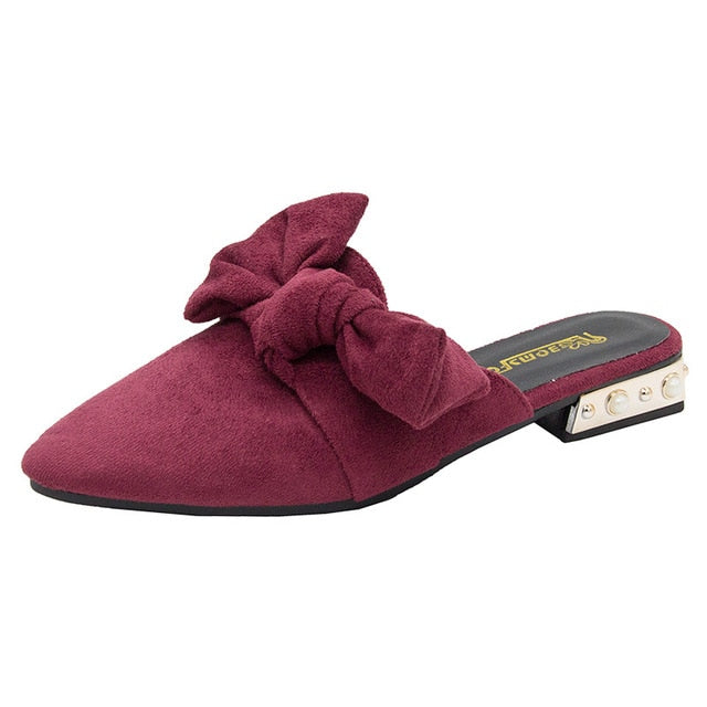 Canvas Bonded Leather Solid Color Pointed Toe with Luxury Low Heels Women Mules Shoes